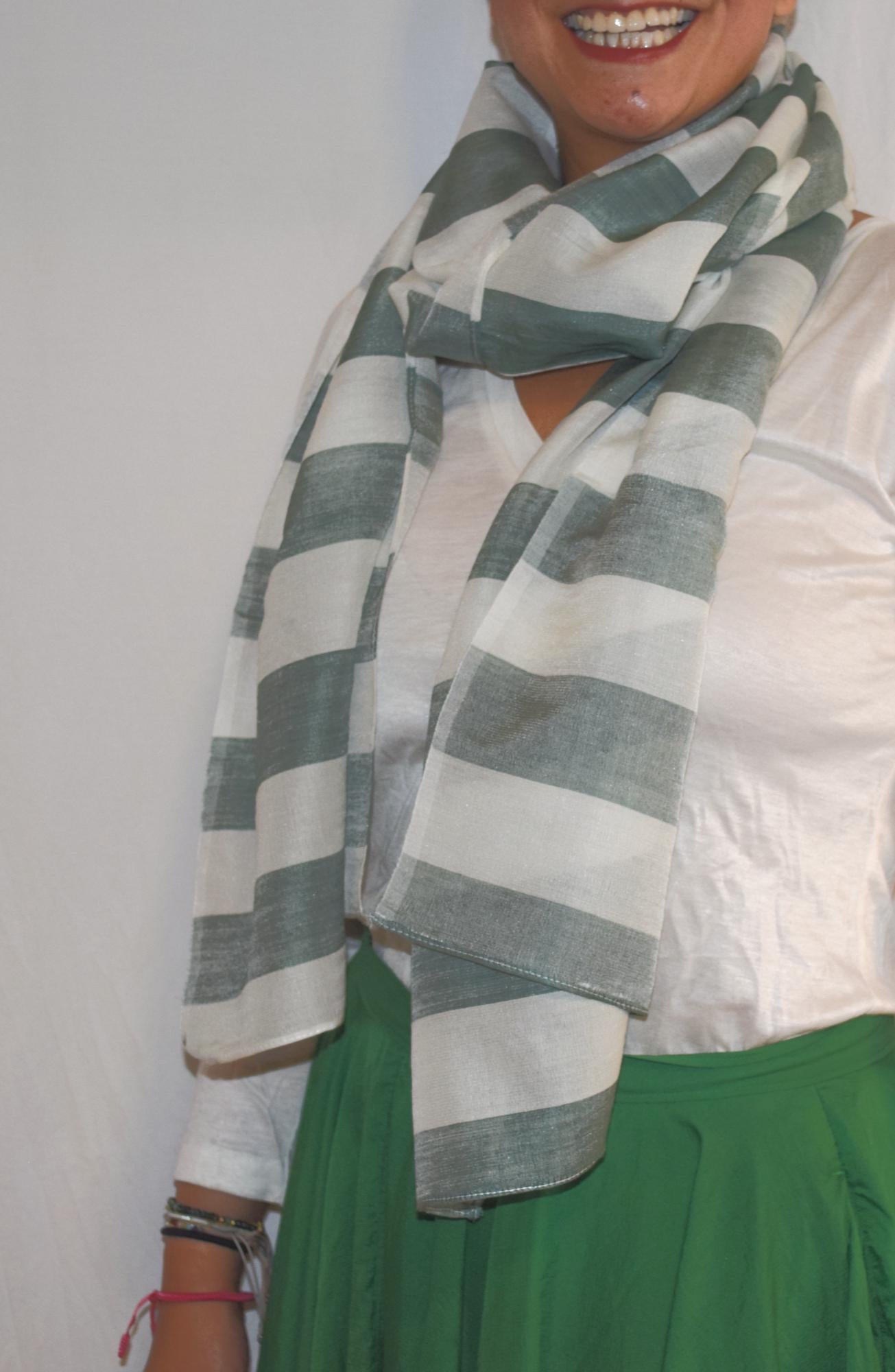 Leo Green/White Stripes Silk blend scarf